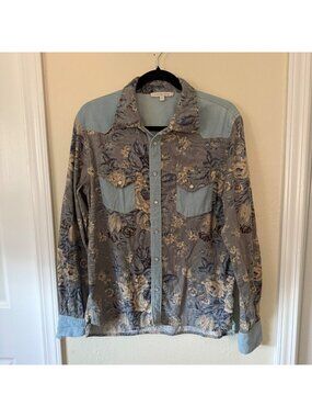 Love The Label Anthropologie Blue Floral Western Buttondown Shirt Sz Medium
